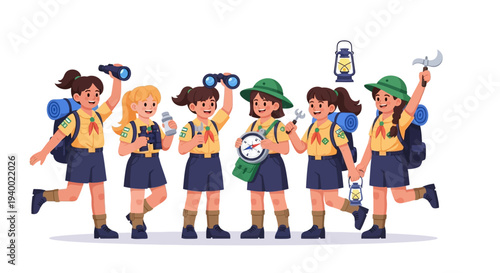 Illustration of six Girl Scouts in various poses, wearing uniforms and holding camping gear against a clean white background.