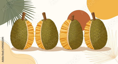 Four Ripe Jackfruits Halved, Displaying Tropical Fruit Texture and Color