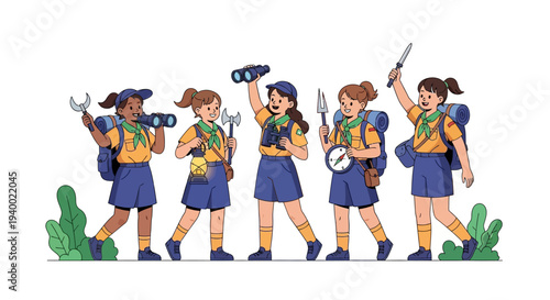 Illustration of diverse Girl Scouts in uniform walking with various camping gear on a white background with green plants