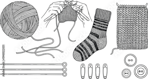 Knitting and sewing accessories set with yarn ball needles hands knitting a sock and buttons hand drawn sketch vector illustration.