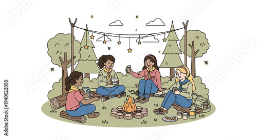 Illustration of diverse group of people sitting around a campfire on National Girl Scout Day in a forest clearing with string lights, conveying a joyful outdoor event.