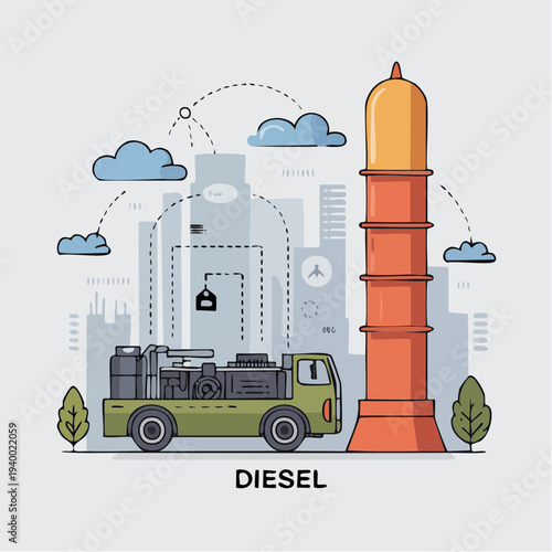 Colorful illustration of diesel fuel truck and tower