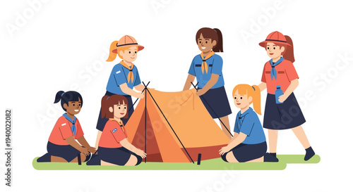 Illustration of a diverse group of girls setting up a tent for National Girl Scout Day with colorful uniforms and camping gear on a green background.