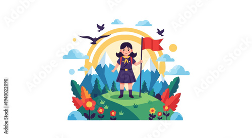 Illustration of a girl scout standing on a green hill with a flag, surrounded by colorful flowers and a sunny sky, celebrating National Girl Scout Day with a joyful design element.