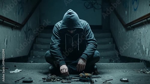 Lonely Hooded Figure Sits Alone In Dim Stairwell.