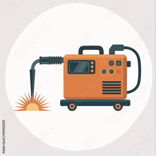 orange welding machine with sunburst illustration