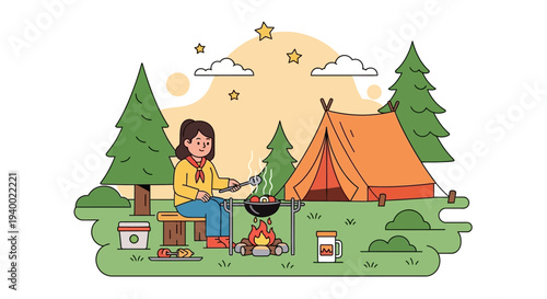 A young girl sits by a campfire, cooking outdoors in a tent campsite with trees, stars, and a sunny sky in a colorful illustration for National Girl Scout Day.