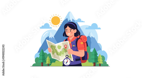 Illustration of a girl scout holding a map and compass in front of a scenic mountain landscape on National Girl Scout Day with a sunny day background.