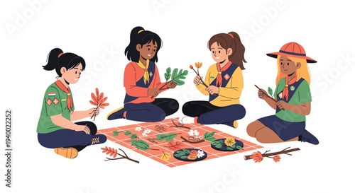 Illustration of diverse Girl Scouts sitting on a blanket with food and leaves on National Girl Scout Day, conveying a joyful outdoor event with a colorful design.