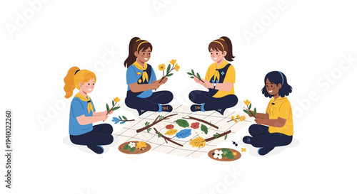 Four diverse Girl Scouts sitting on the ground, engaged in a craft activity on National Girl Scout Day, with art supplies and colorful flowers.