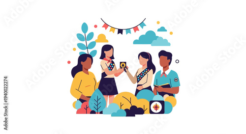 Illustration of a diverse group of people celebrating National Girl Scout Day in a colorful outdoor setting with a festive background.