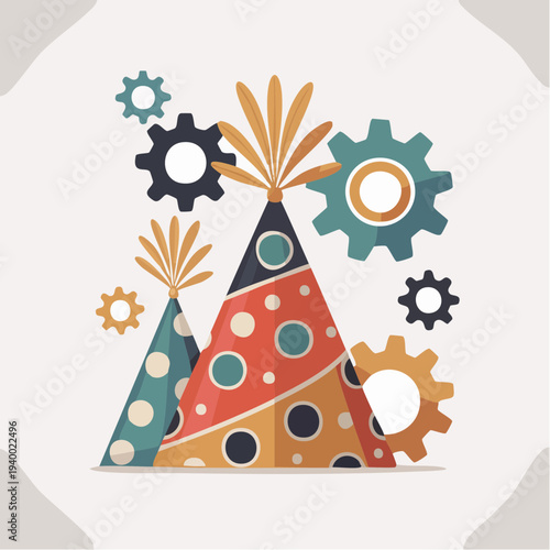 Colorful party hats with gear illustrations design