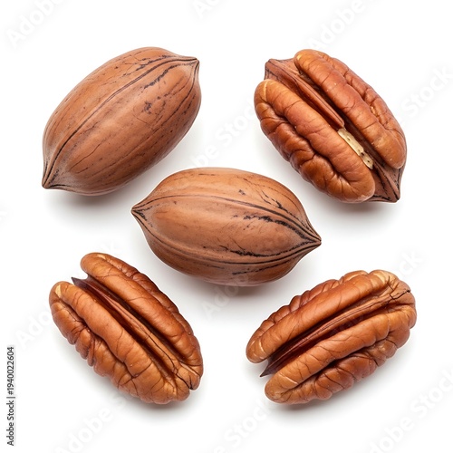 A group of pecan nuts on a white background