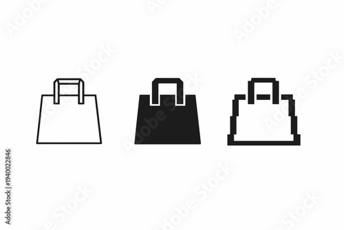 Trio of shopping bag icons: outline, solid, pixel art styles
