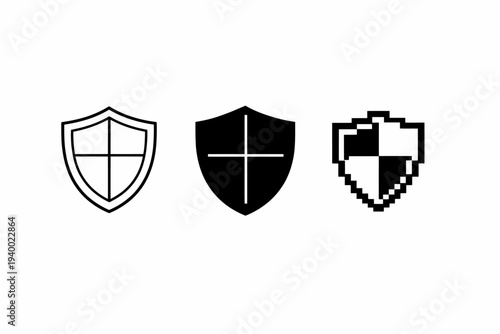 Set of three shields: outline, solid, pixel art design