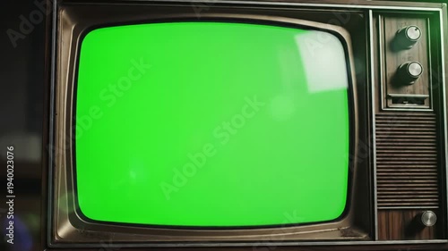 Green Screen old tv turning on with for video masking scene 2 distortion, overlay, glitch, static noise, scan lines black background, 4k animated loop