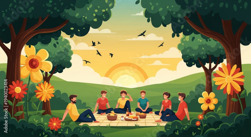 Friends having a picnic in a park at sunset with flowers and trees