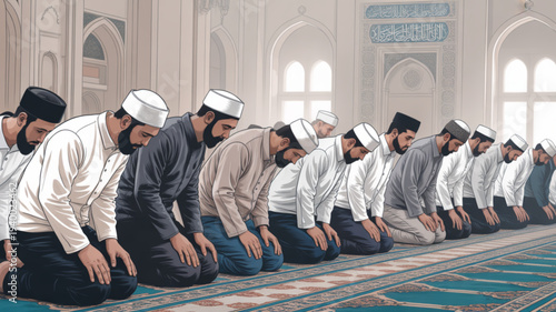 Muslim men praying in a mosque kneeling in islamic prayer worshippers in a row religious ritual faith and spirituality serene atmosphere white and colorful traditional clothing