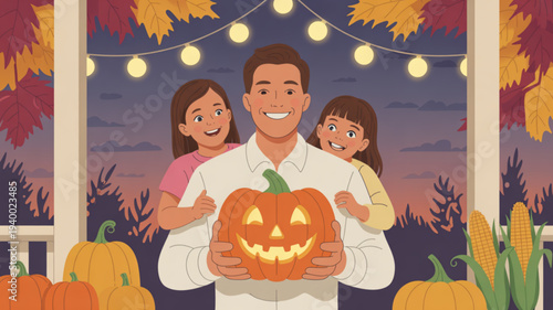 Happy family with two girls holding carved jack o lantern on autumn porch with string lights