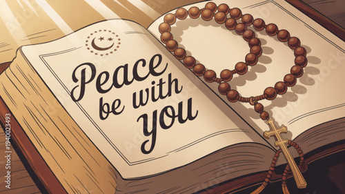 Open book with 'peace be with you' text and rosary on wooden table symbolizing serenity and spirituality