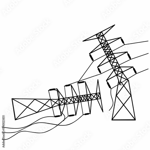 Vector silhouette of a fallen electricity pylon on a white background. A high voltage electricity pylon that collapsed due to a natural disaster.