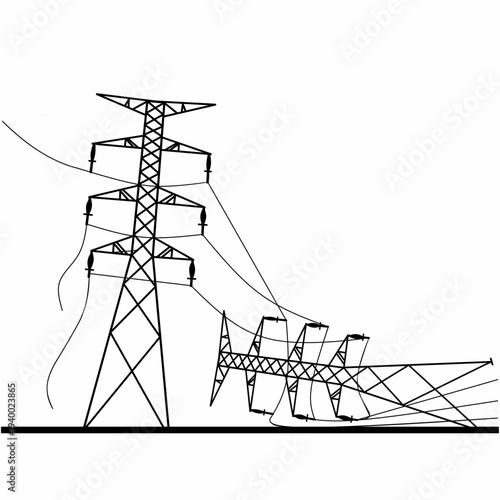 Vector silhouette of a damaged and fallen electricity pole with broken wires. Causing a power outage.