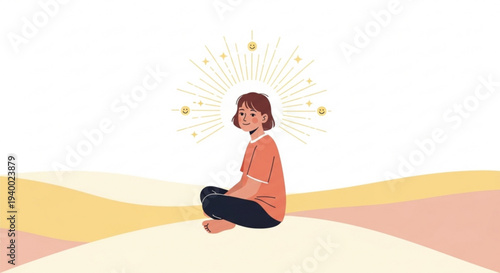 Woman meditates peacefully in desert landscape with sun rays and hills symbolizing serenity and calmness in nature