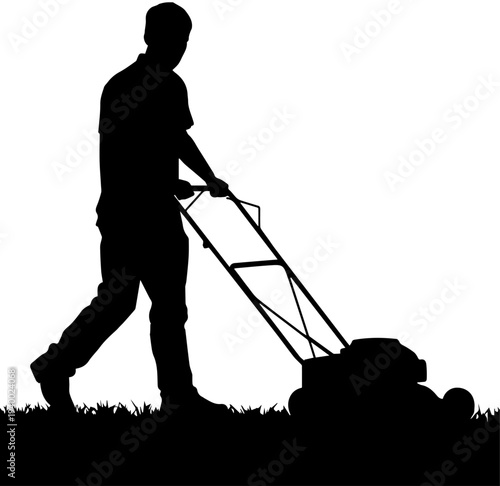 Man Mowing Lawn with Push Mower Silhouette