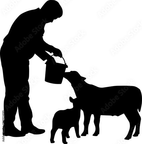 Farmer Feeding Livestock Sheep Silhouette