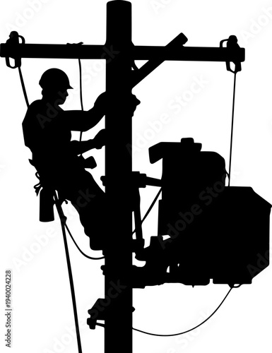 Electric Line Worker Repairing Utility Pole Silhouette