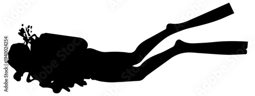 Scuba Diver Swimming Underwater Silhouette with Fins and Tank