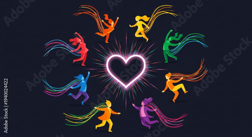 Vibrant dancers surround glowing heart in dark background symbolizing love and joy with colorful silhouettes and dynamic movements