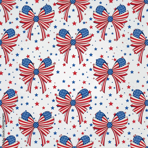 Seamless patriotic pattern with festive bows featuring national flag colors and scattered stars, ideal for celebratory events and decorative backgrounds, evoking a spirit of unity and national pride
