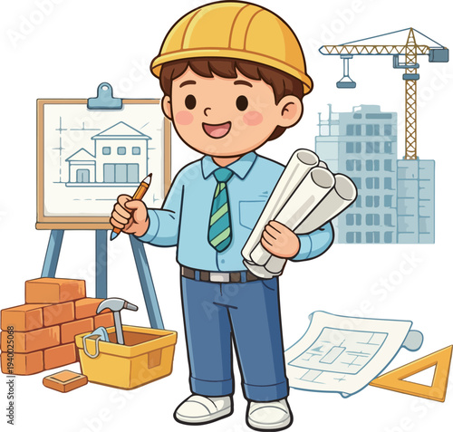 Kid architect holding blueprint cartoon illustration