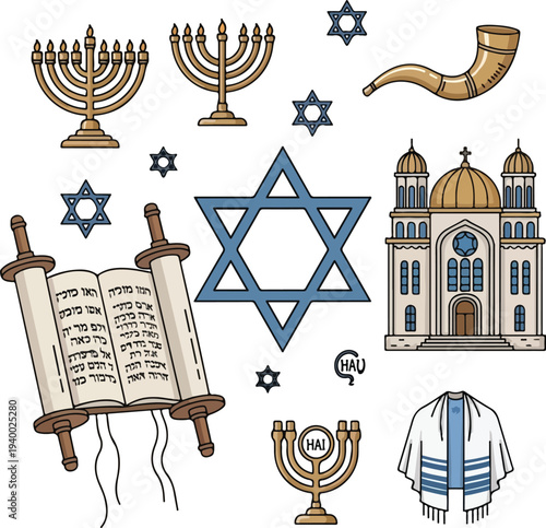 A collection of Jewish religious symbols and items including menorahs, Star of David, Torah scroll, shofar, synagogue, and tallit.