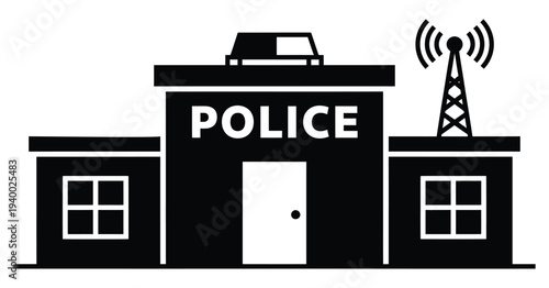 Modern police station with police car and communication tower