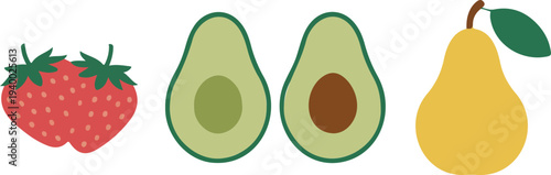 Fresh fruit illustration set featuring strawberries avocados and pears for healthy food nutrition organic lifestyle vector design collection