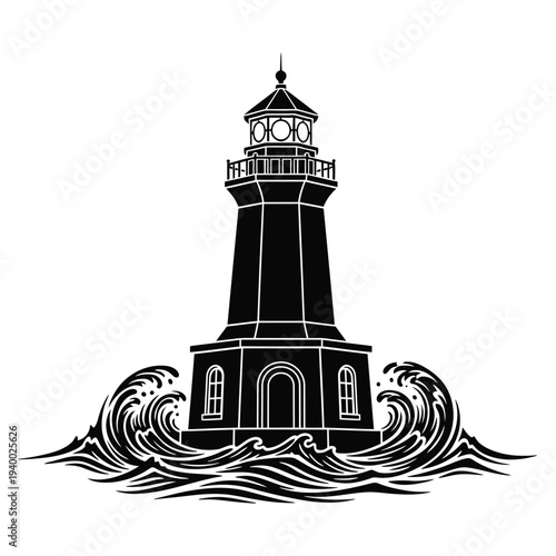 Lighthouse standing strong against crashing ocean waves in storm