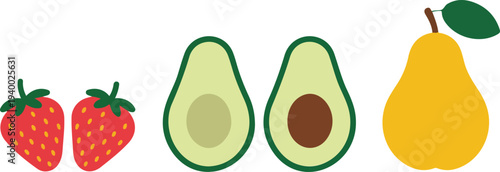Fresh fruit illustration set featuring strawberries avocados and pears for healthy food nutrition organic lifestyle vector design collection