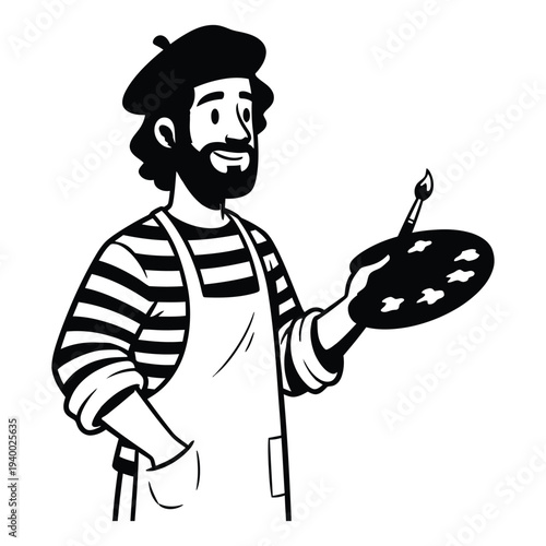 Smiling artist holding paintbrush and palette with colorful paints