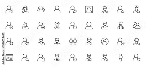 Avatars icon set. Vector avatar collection featuring hipster, surgeon, worker, chef, doctor, policeman, graduate and more. Minimal line user icons.