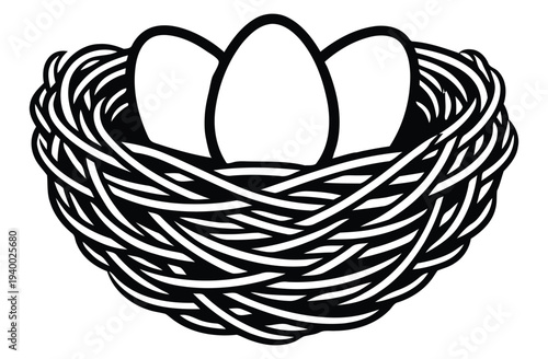 Simple nest with three eggs in a cozy woven basket