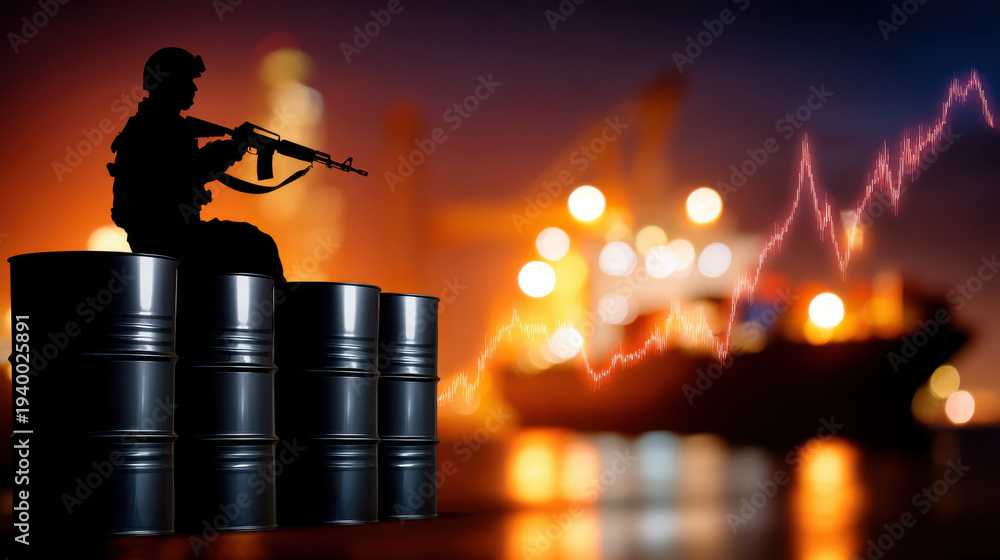 Fototapeta premium Soldier silhouette guarding oil barrels at sunset with blurred tanker and rising market trend, tense industrial scene with warm bokeh glow