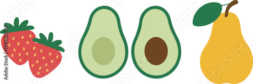 Fresh fruit illustration set featuring strawberries avocados and pears for healthy food nutrition organic lifestyle vector design collection