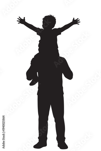 Father carrying child on shoulders silhouette vector illustration, family fun