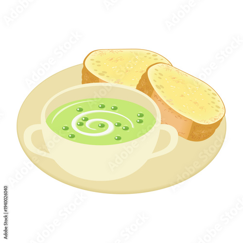 グリンピースポタージュのバゲットトースト添え