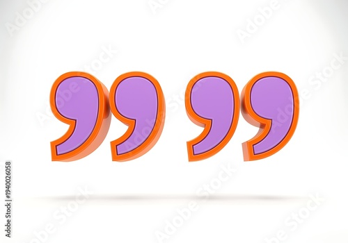 Three dimensional quotation mark icons in purple and orange on white background  used for design and typography purposes