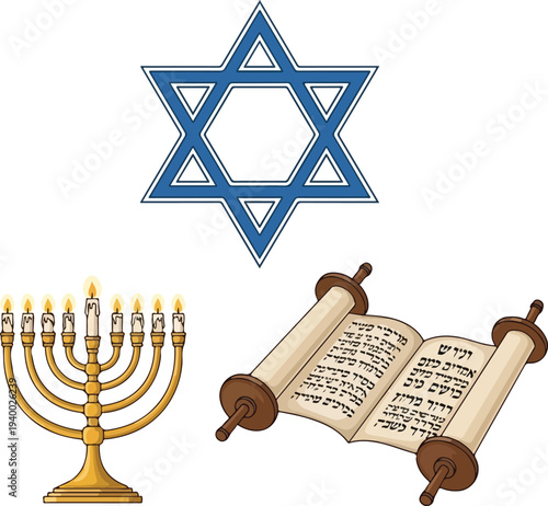 Jewish religious symbols including Star of David, menorah, and Torah scroll representing faith and tradition.