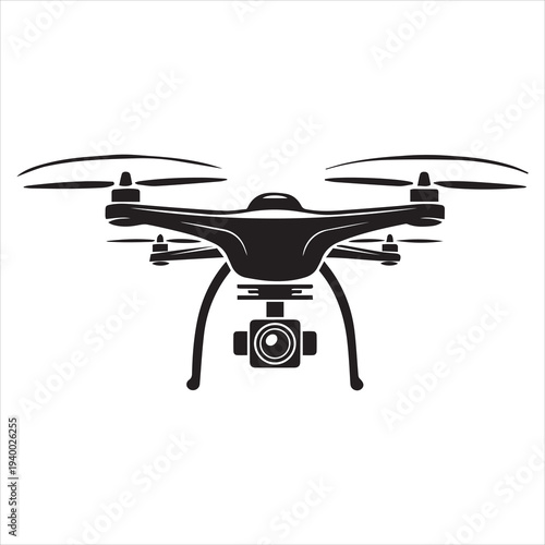 Drone with camera silhouette vector, black and white silhouette vector illustration