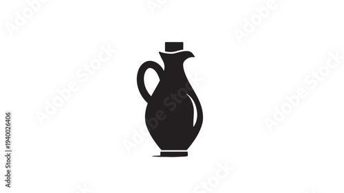 Carafe with handle and stopper, minimalist icon, black silhouette on white background. featuring jug, pitcher, bottle with oil and vinegar elements